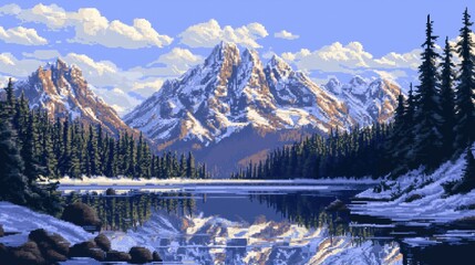 Wall Mural - a stunning view of snow-capped mountains reflecting in a serene lake surrounded by pine trees.