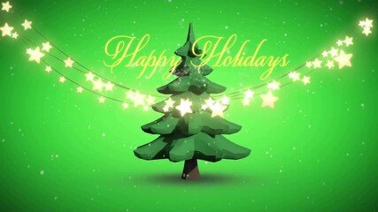 Wall Mural - glowing star lights on christmas tree with happy holidays text on green background