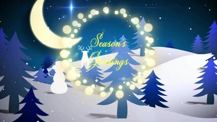 Wall Mural - glowing lights and trees surrounding season's greetings text in snowy landscape