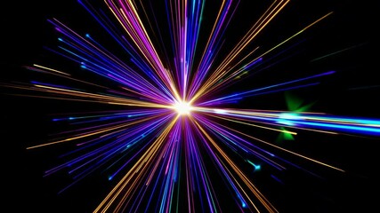 Poster - Colorful light burst with radiant beams against black background, cosmic energy concept