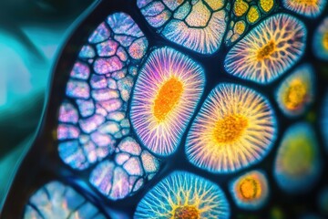 Wall Mural - microscopic view of vibrant, colorful cells resembling abstract floral patterns.