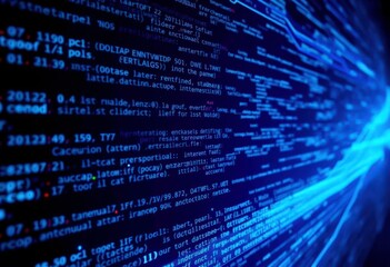 abstract glowing blue code streams on a black digital background illustrating data flow, high tech, 
