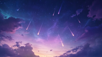 Wall Mural - a beautiful night sky filled with shooting stars and colorful clouds at dusk.