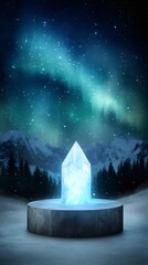 Wall Mural - a podium resembling a frozen ice crystal, glowing in a winter wonderland under the aurora borealis