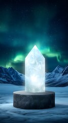 Wall Mural - a podium resembling a frozen ice crystal, glowing in a winter wonderland under the aurora borealis