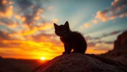 Naklejka na meble Grumpy kitten silhouette on desert rock, fiery sunset, picture, dusk