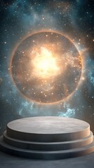 Wall Mural - A podium with a cosmic texture, glowing in a deep-space nebula environment