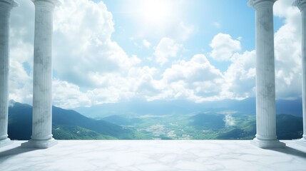 Wall Mural - a breathtaking view of mountains and clouds from a marble terrace.