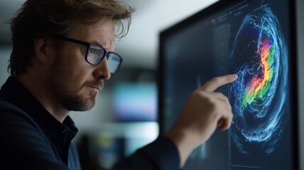 Focused analyst reviewing complex data visualization on a high-tech display
