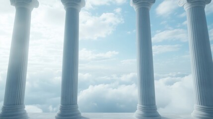 Wall Mural - a serene view of white columns against a bright sky filled with fluffy clouds.