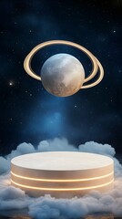 Wall Mural - A circular podium, floating in an outer space setting with planetary rings