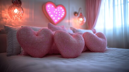 Poster - Bedroom with pink hearts, romantic decoration.