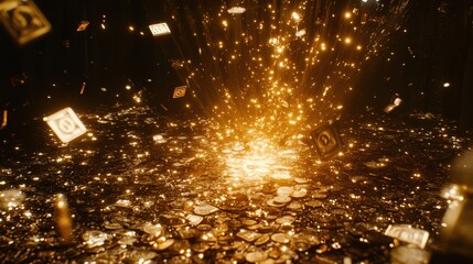 Wall Mural - bright golden coins and glowing cards erupt from a dark background
