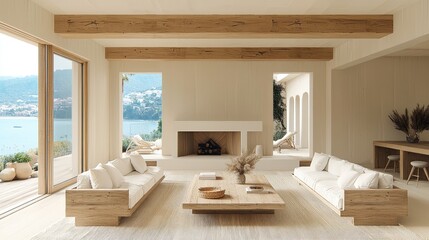 Poster - A living room with an open-plan layout, featuring a large fireplace and minimalist furniture in light wood tones. The walls feature white panels. A beige rug adds warmth to the space.