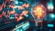 © Olexandr Tytarchuk - Illuminating Financial Growth: A light bulb glows brightly, symbolizing innovative ideas and progress. It is superimposed over dynamic financial charts, illustrating the concept of economic growth.