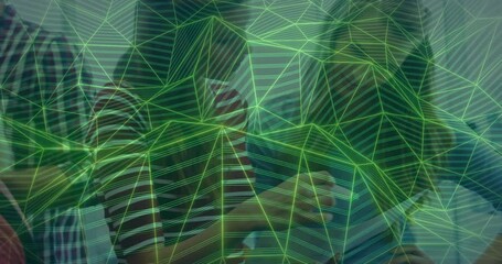 Wall Mural - animation of green geometric lines forming abstract pattern over blurred background