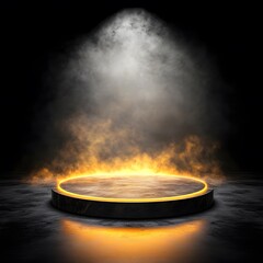 Wall Mural - a podium on a reflective black floor, surrounded by subtle fog and moody golden lighting