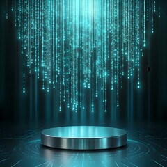 Wall Mural - a futuristic metallic podium, placed in a digital space with holographic floating data streams