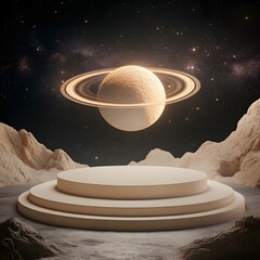 Wall Mural - A circular podium, floating in an outer space setting with planetary rings