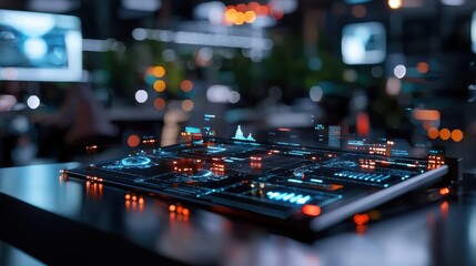 a sleek digital interface with glowing elements is displayed on a table in a high-tech workspace. su