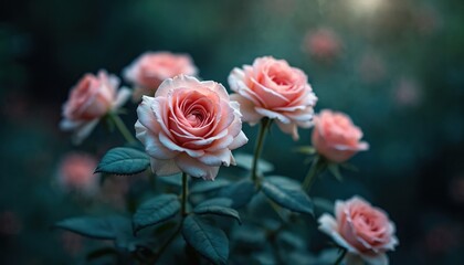 Fototapete - Serene pink roses bloom in dimly lit garden. Delicate petals, soft romantic floral design with green leaves. Tranquil, peaceful beauty for greeting cards, decoration, inspiration. Nature beauty.
