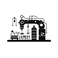 Leinwandbilder - Futuristic Assembly Line: A Stylized Black and White Illustration of an Automated Manufacturing Process