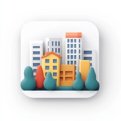 Poster - Minimalist Cityscape Illustration with 3D Buildings and Trees on a White Rounded Square Background