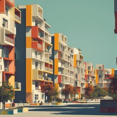 Poster - Modern Colorful Architecture: A Vibrant Apartment Complex with Balconies and Autumn Trees Under a Blue Sky