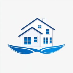 Poster - Modern Home Logo Design with Blue Accents Floating Above Artistic Blue Swirls on a Clean White Background