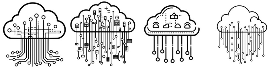 Various cloud computing concepts represented through abstract art showcasing digital connections and data flow