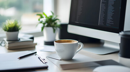 Workspace Comfort: A modern workstation set against a softly lit backdrop, featuring a monitor displaying code, a steaming cup of coffee.