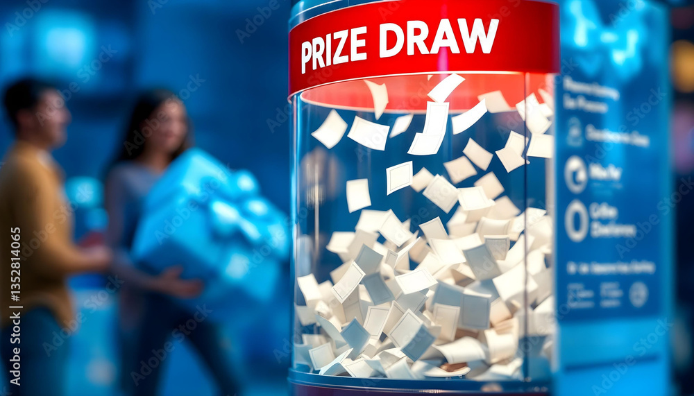 Prize draw, transparent box, raffle tickets, blue background ...