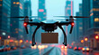 © Svitlana - A delivery drone carrying a box across the skyline of an evening city