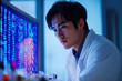 © Vibudhaart - A focused scientist examines complex code on a bright blue screen, engrossed in his research.