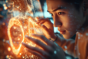 Poster - A person interacts with a holographic map, exploring glowing data streams and connections.