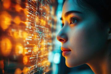 Poster - A woman's profile illuminated by vibrant, data-rich screen, futuristic scene.