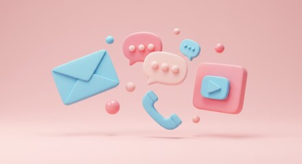 Modern Communication Icons - Pastel-colored 3D icons representing email, chat, video, and phone communication, floating against a pink background