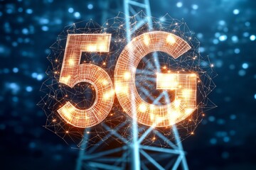 Fototapete - Glowing 5G symbol floating above telecom tower at dusk with connected dots and sky background, futuristic wireless communication concept, Generative AI