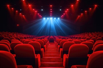 Wall Mural - empty red cinema seats illuminated by spotlights, creating a dramatic and atmospheric scene.