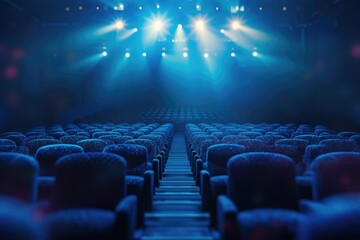 Wall Mural - Empty movie theater seats illuminated by blue stage lights, creating a cinematic atmosphere.