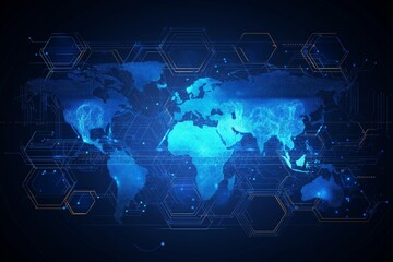Aufkleber - Futuristic digital world map with glowing hexagonal network overlay, symbolizing global connectivity, AI infrastructure and international cyber data systems, Generative AI