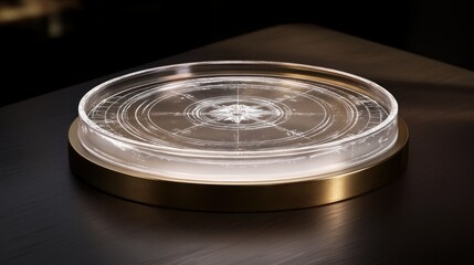 Transparent circular display with compass design on dark surface