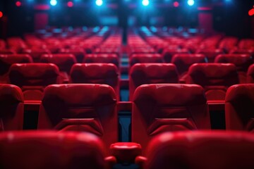 Wall Mural - Empty red cinema seats in a dark theater, awaiting an audience for a movie.