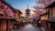 © satisfied - Serene Kyoto Street with Pagoda and Cherry Blossoms