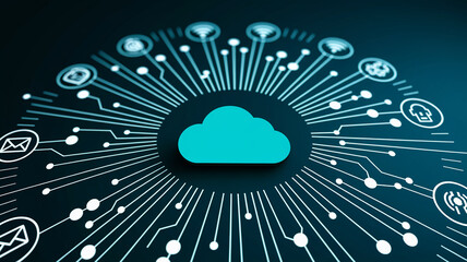 teal cloud icon centrally positioned, surrounded by radiating lines connecting various technology ic