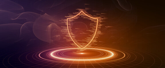 Abstract digital shield symbol on glowing platform, set against a dark, smoky background, showcasing digital security and protection concept