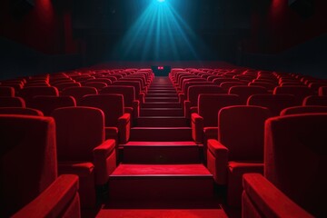 Wall Mural - Empty red cinema seats in a dark theater, illuminated by a spotlight.