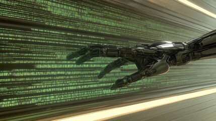 Robotic hand reaching digital code, futuristic background, tech concept