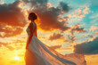 © Vibudhaart - Silhouette of a bride in a flowing white dress against a vibrant sunset sky.