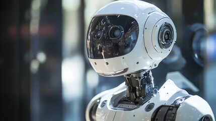 White robot head, futuristic expo background, AI display